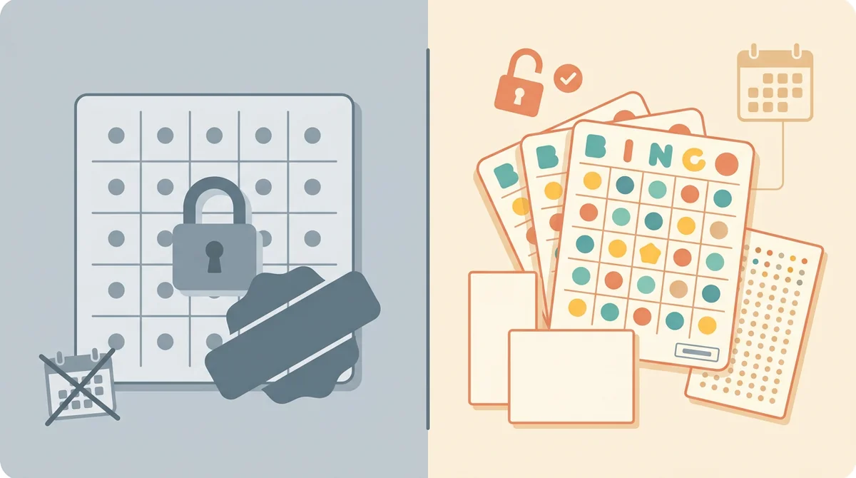 A printed bingo card with a caller sheet beside it, an unlocked padlock, and a crossed-out price tag