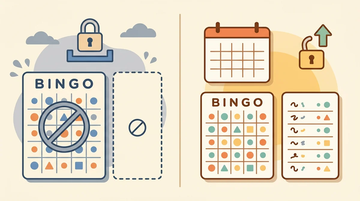 A bingo card and its caller sheet side by side, the sheet showing slips to cut apart