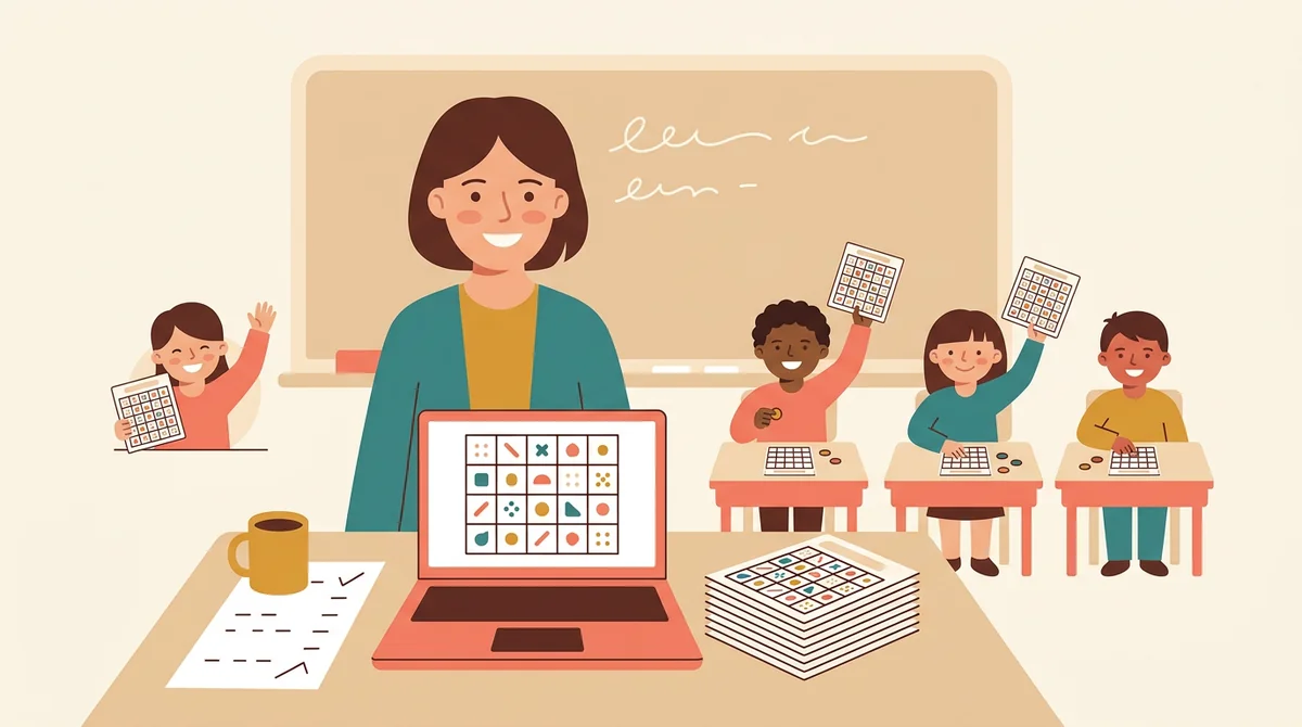 A teacher handing out printed bingo cards to a row of students at their desks