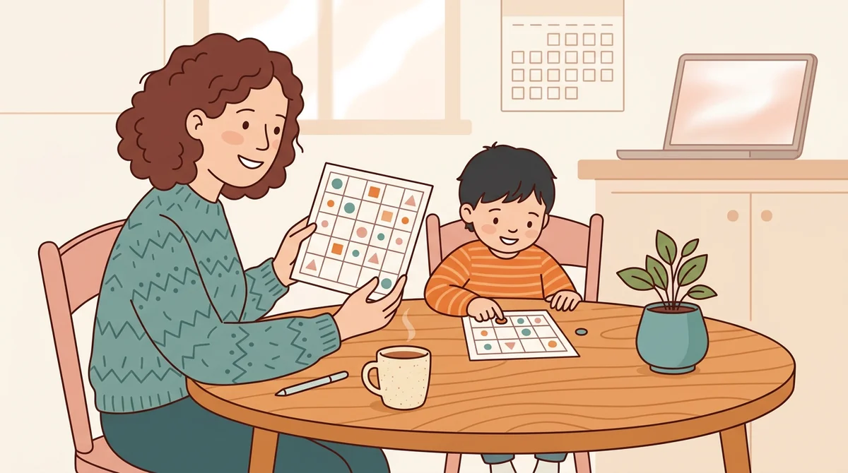 A parent and a child at a kitchen table with a printed bingo card and a few coins used as markers