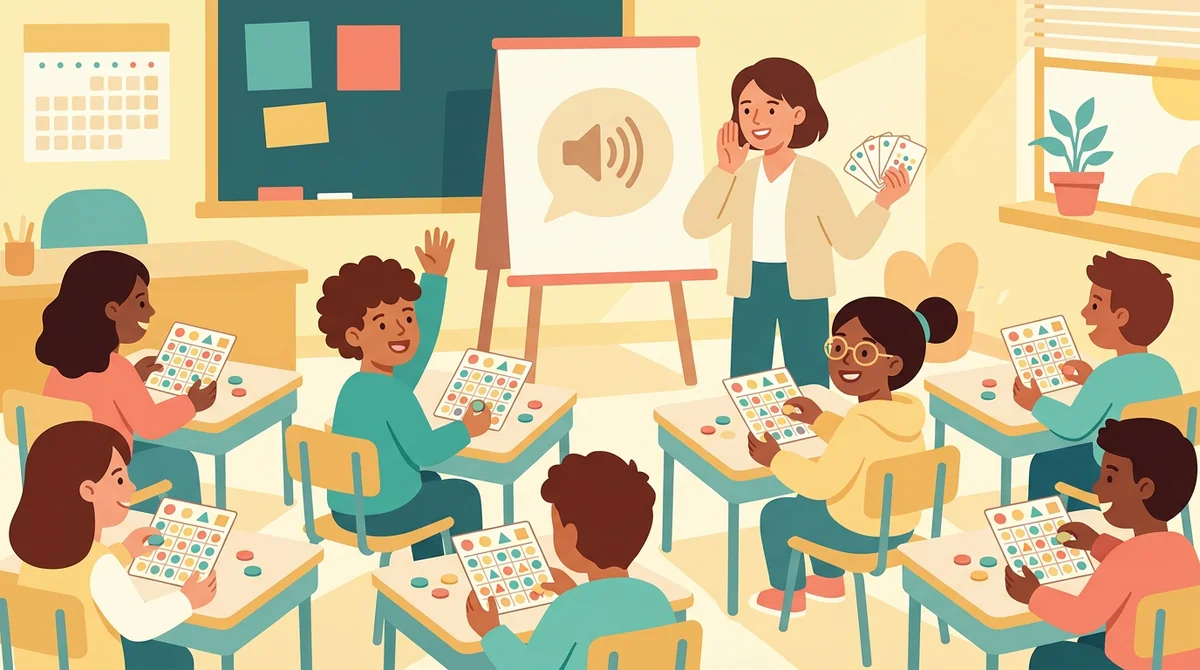 A teacher at the front of a classroom reading a word from a slip of paper while students at their desks mark squares on their bingo cards