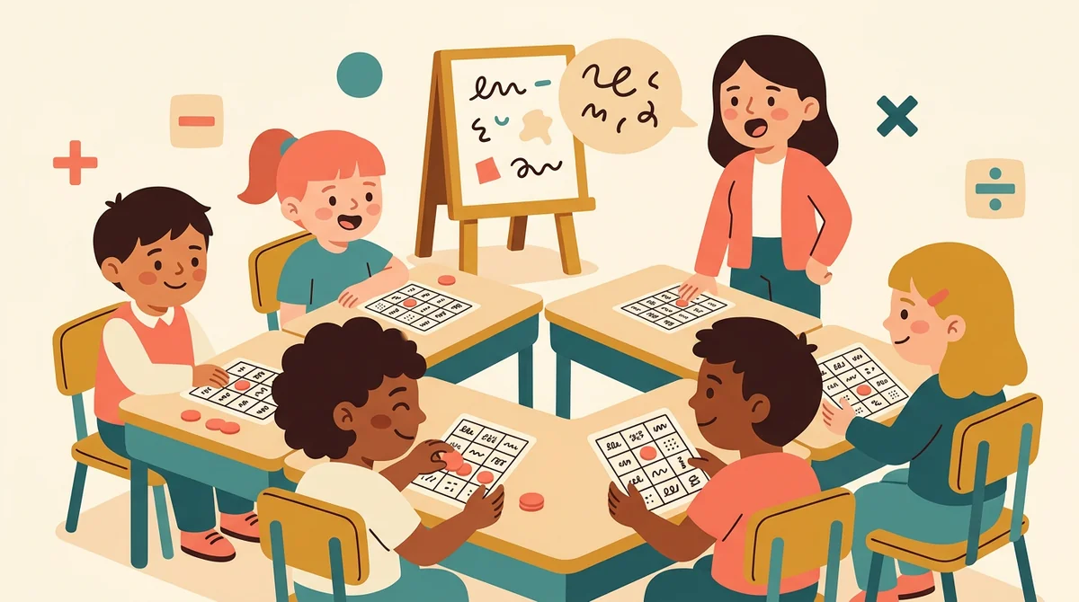 A student at a desk looking at a bingo card full of numbers while a teacher holds up a card reading 6 times 4