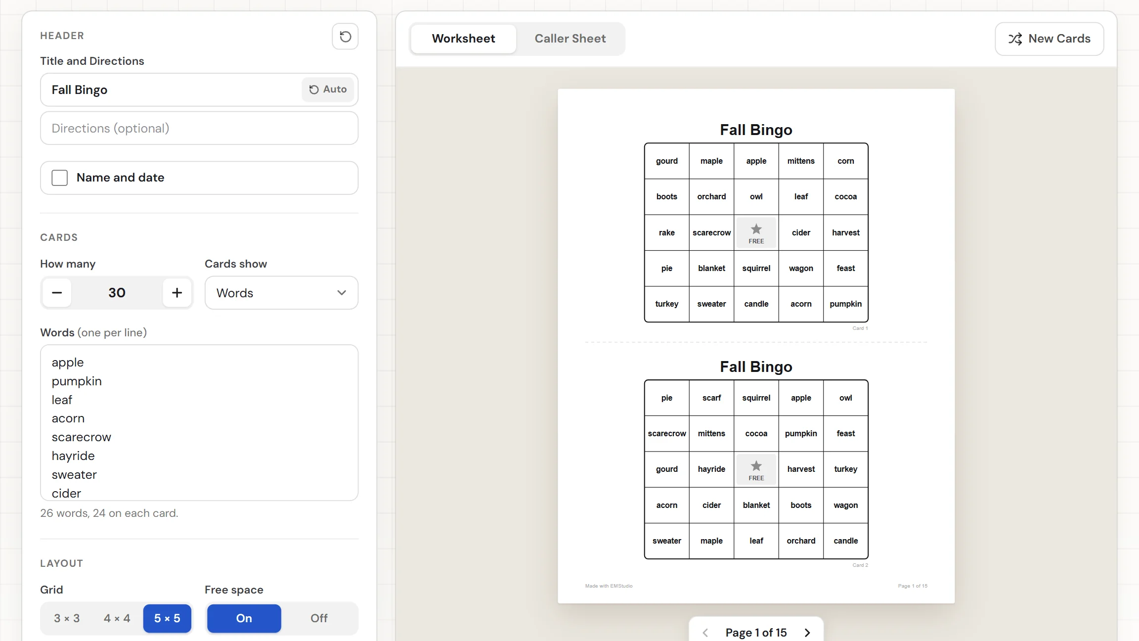 The EMStudio bingo card generator showing a finished sight-word bingo card with the words box and settings on the left and the Worksheet and Caller Sheet tabs above the card
