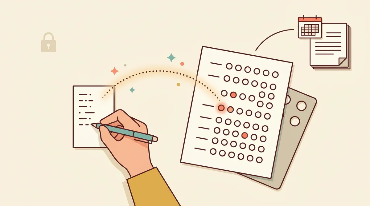A bubble sheet and its answer key side by side, the key showing the right bubbles filled in red