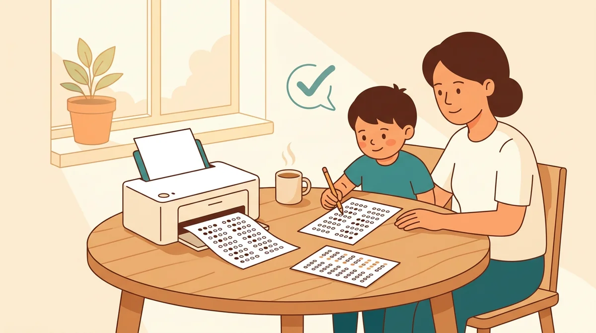 A parent and a child at a kitchen table with a laptop and a printed bubble sheet being filled in with a pencil
