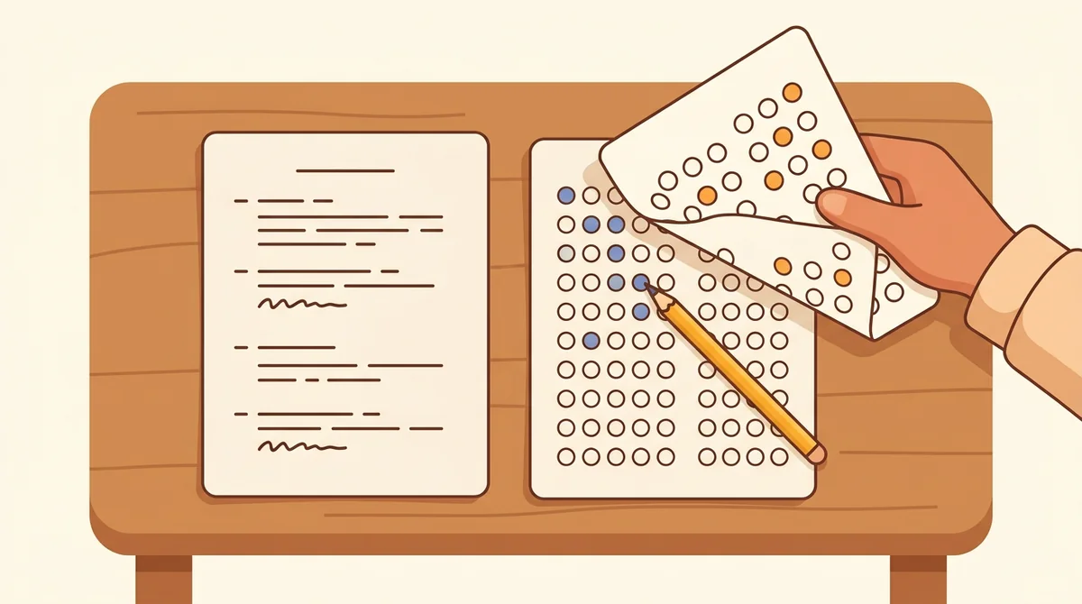 A student at a desk filling in bubbles on a printed answer sheet with a pencil beside a stapled test