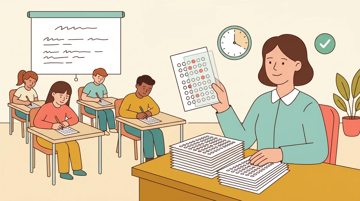 A teacher projecting quiz questions at the front of a classroom while students fill in printed answer sheets
