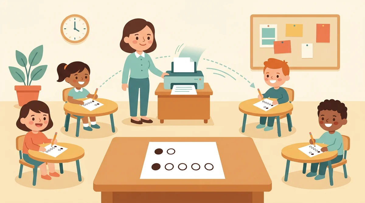 A group of students at a table marking true or false bubbles on printed answer sheets