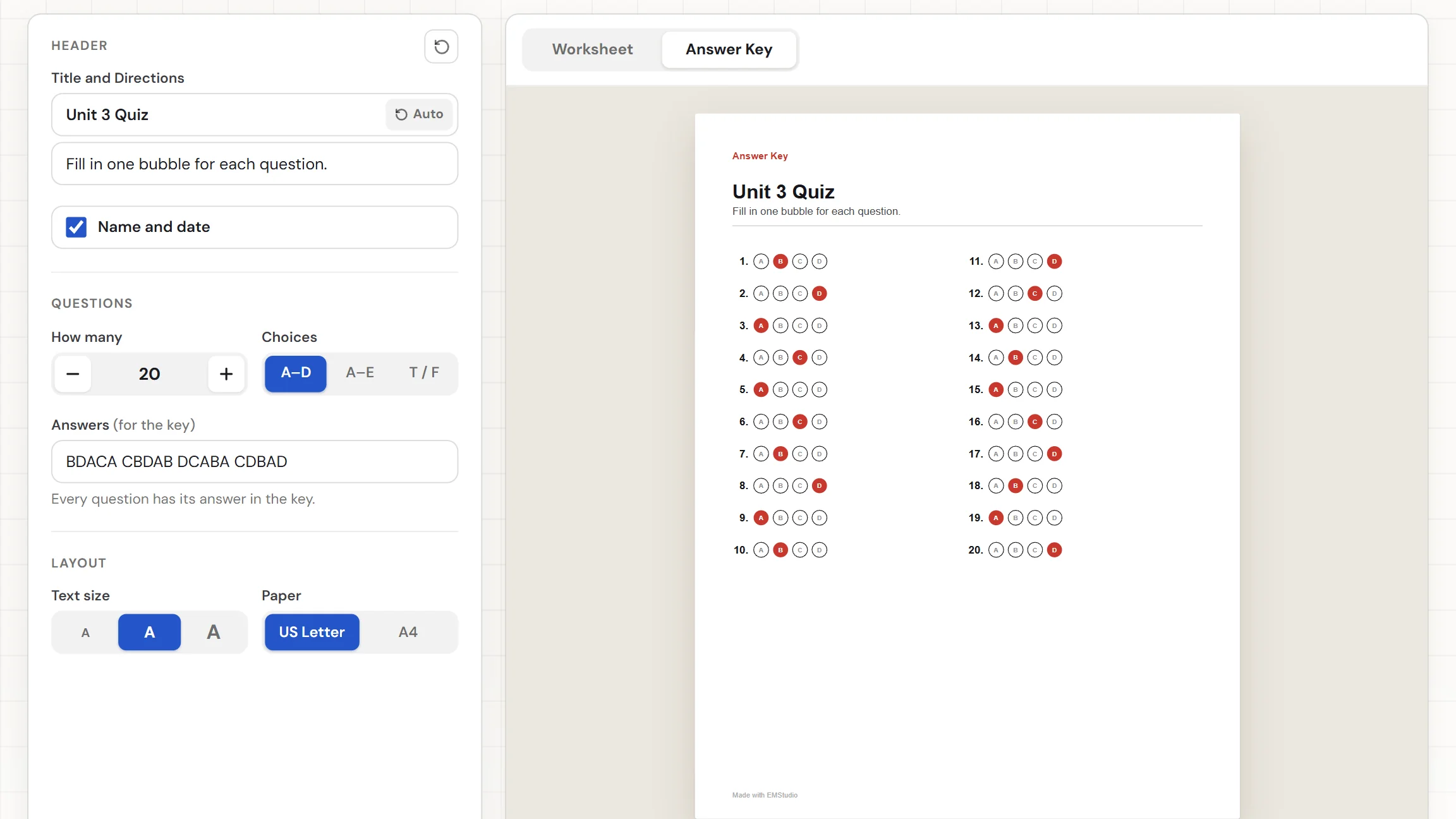 The EMStudio bubble sheet generator showing a printed answer sheet with rows of lettered bubbles, with the choices, question count, and answers settings on the left