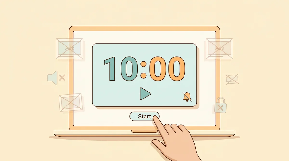 A laptop showing a clean 10:00 timer with a Start button, with ads, pop-ups, and a login faded out around it