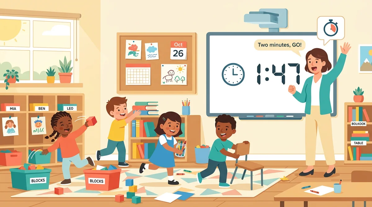 An elementary teacher launches a two-minute cleanup race with a 1:47 countdown on the classroom board