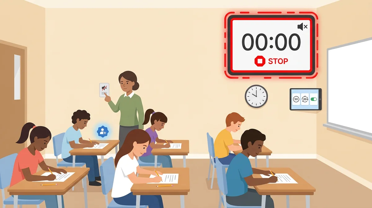 Students take a test while a muted classroom timer on the wall flashes 00:00 and STOP in red