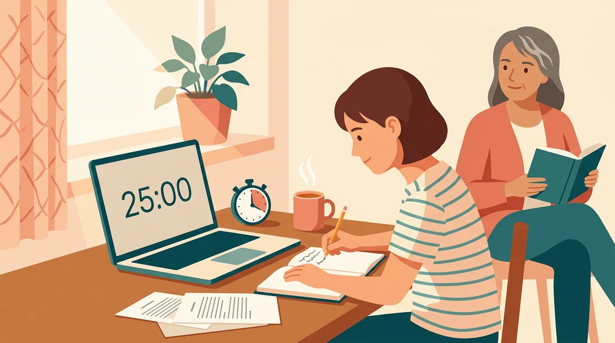 A student writes at a kitchen table beside a laptop showing a 25:00 countdown, with a parent reading nearby