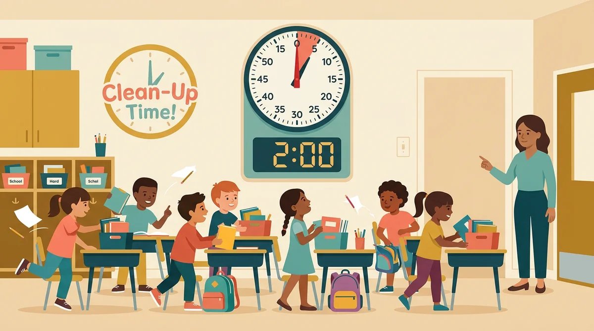 Students clear their desks during a cleanup countdown while a wall timer above them shows 2:00