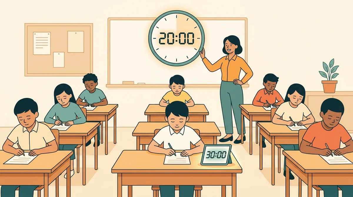 A quiet classroom takes a quiz under a 20:00 countdown on the board, with a 30:00 desk timer for a student on extended time