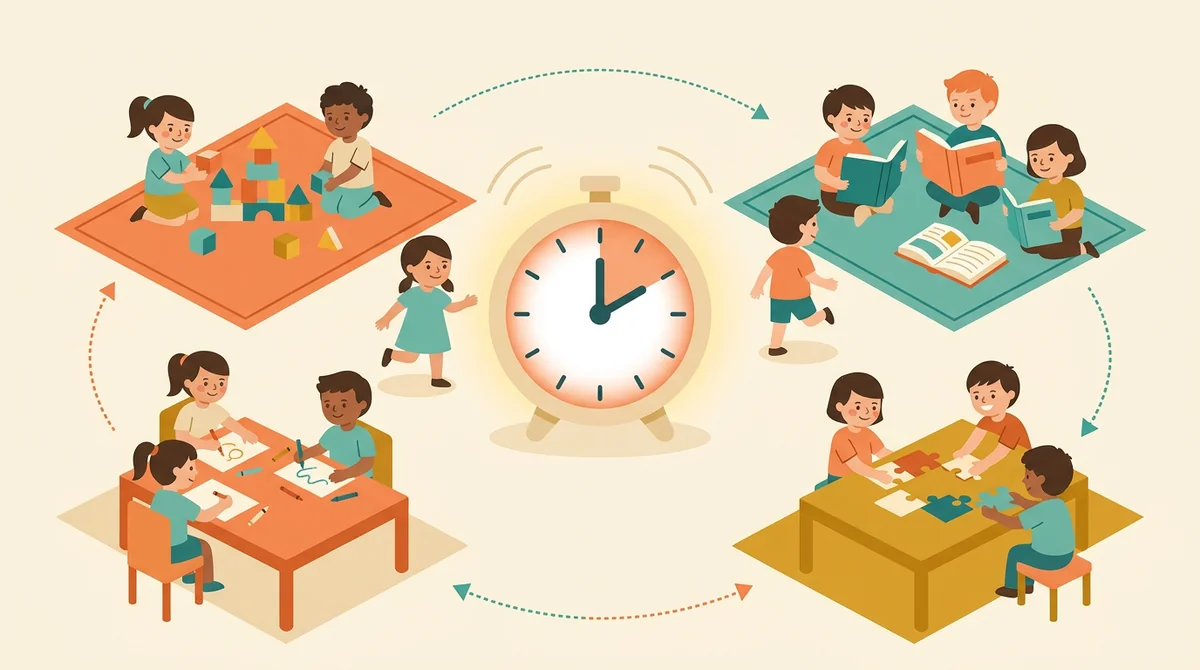 Four learning stations arranged around a central classroom timer, with students rotating between them