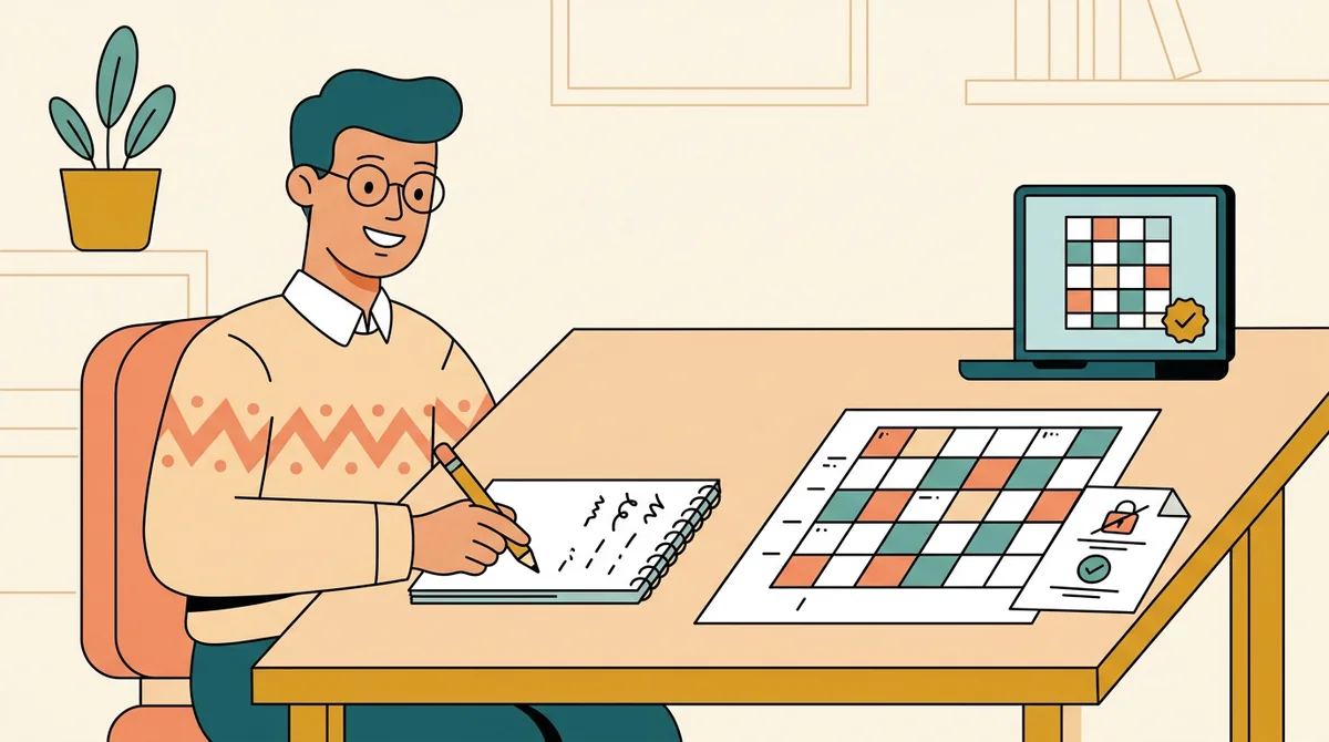 A teacher writing a clue on a notepad next to a laptop showing a crossword grid taking shape