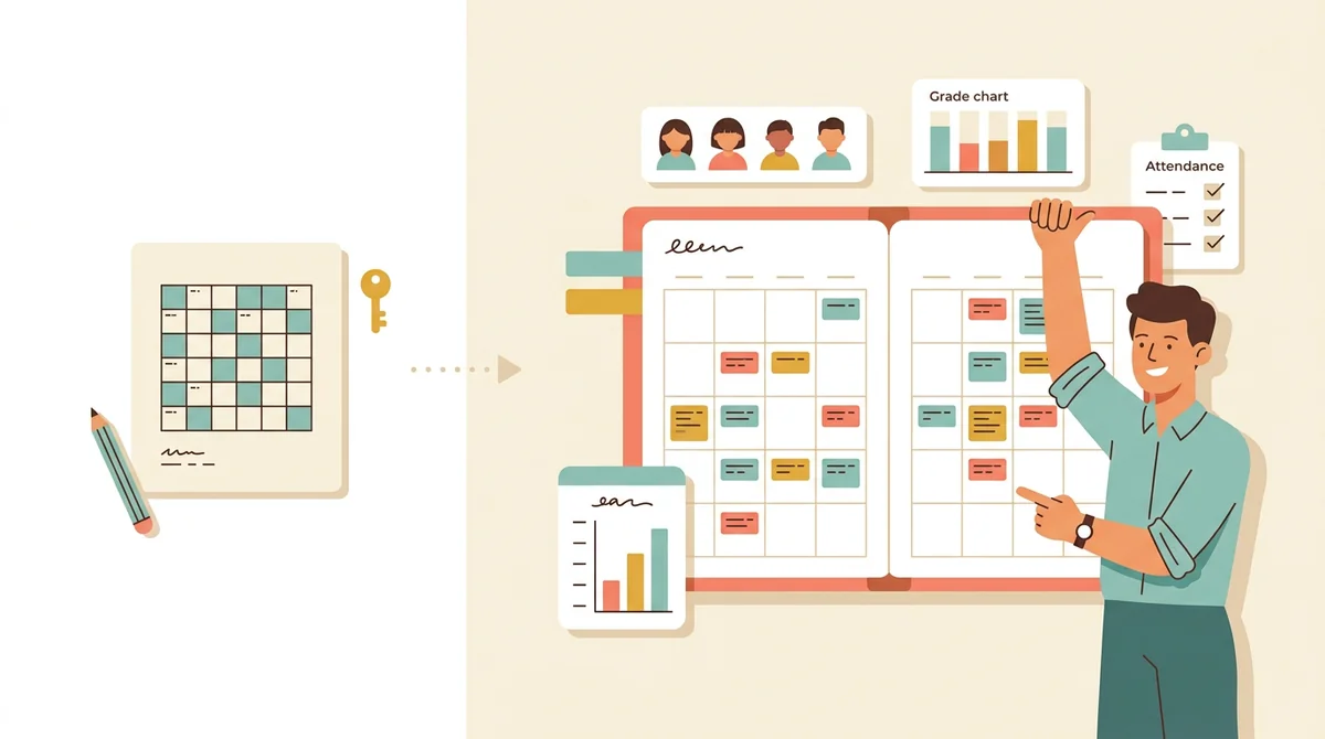A tablet showing a teacher planner with tiles for lessons, students, grades, and attendance