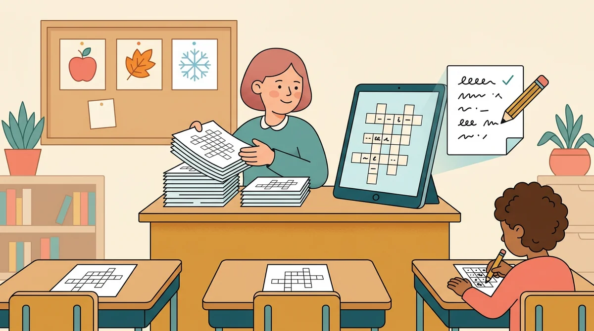 A teacher handing out printed crossword sheets to a row of students at their desks