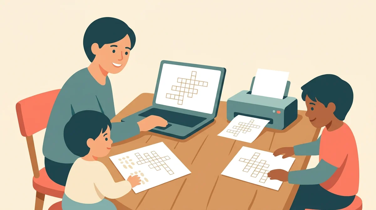 A parent and a child at a kitchen table with a laptop and a printed crossword being filled in with a pencil
