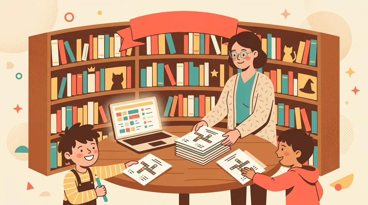 A librarian setting a stack of crossword sheets and pencils on a library table beside a shelf of picture books