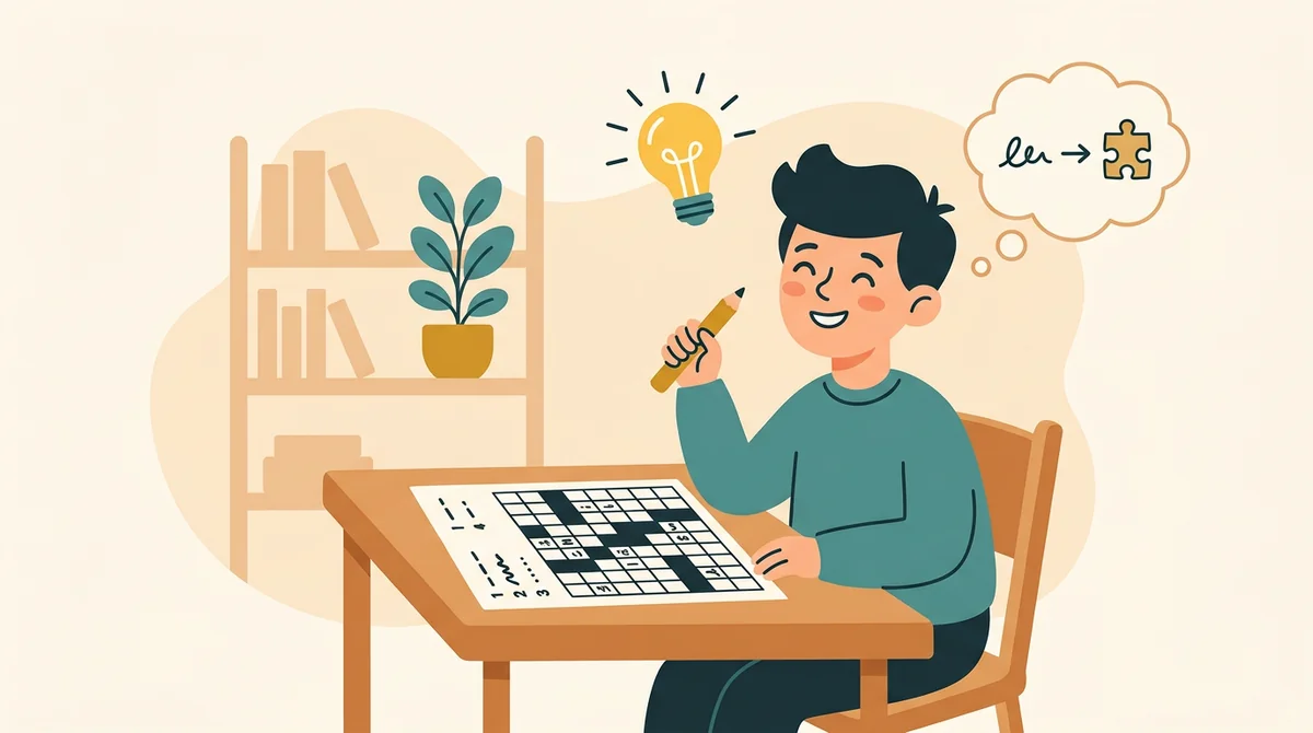 A teacher at a desk typing vocabulary words and clues into a laptop while a printed crossword sits beside the keyboard
