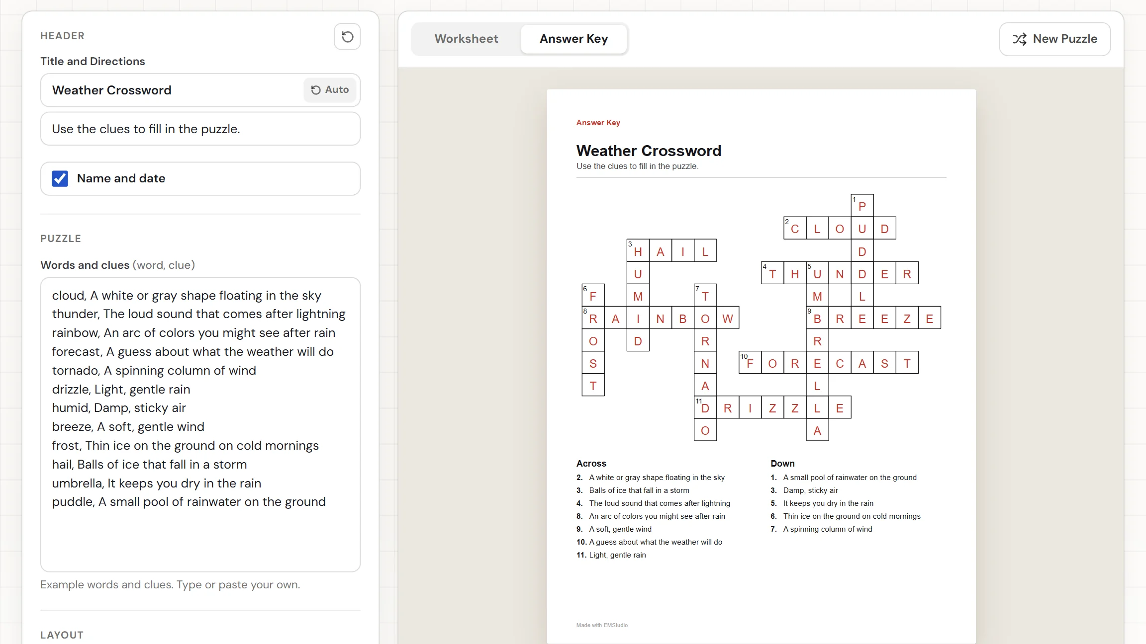The EMStudio crossword puzzle maker showing a finished weather crossword with the words and clues box and settings on the left and the Worksheet and Answer Key tabs above the grid