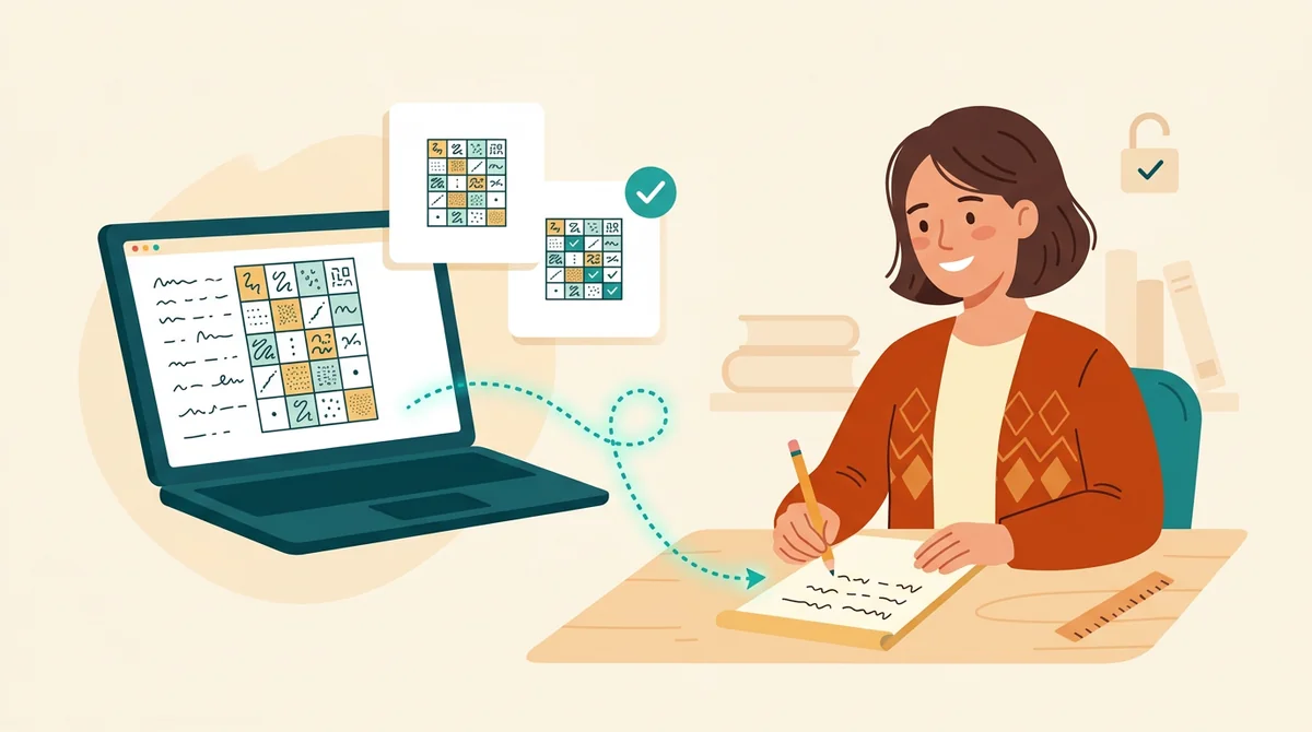 A teacher writing a sentence on a notepad next to a laptop showing a secret code sheet taking shape