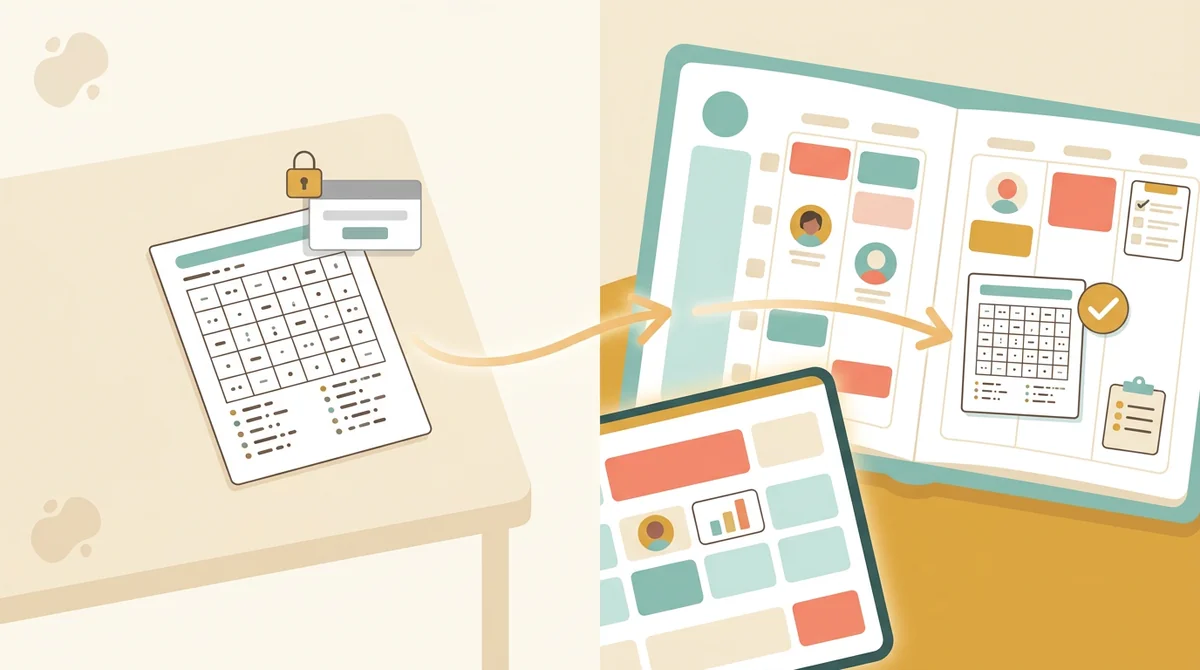 A tablet showing a teacher planner with tiles for lessons, students, grades, and attendance