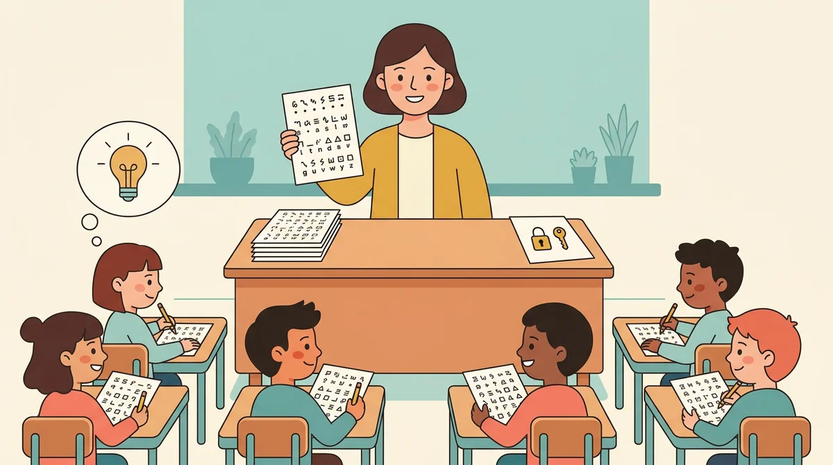 A teacher handing out printed secret code sheets to a row of students at their desks