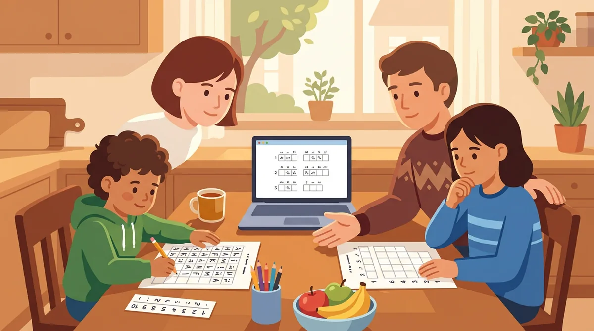 A parent and a child at a kitchen table with a laptop and a printed code sheet being filled in with a pencil