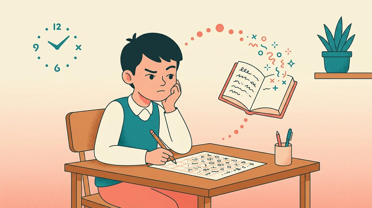 A teacher at a desk typing a sentence from a class novel into a laptop while a printed secret code sheet sits beside the keyboard