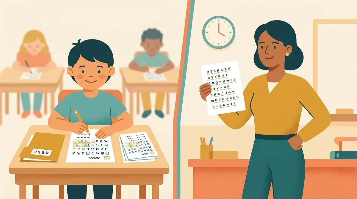 A student at a desk writing letters above a row of numbers on a worksheet while classmates still work on their tests in the background