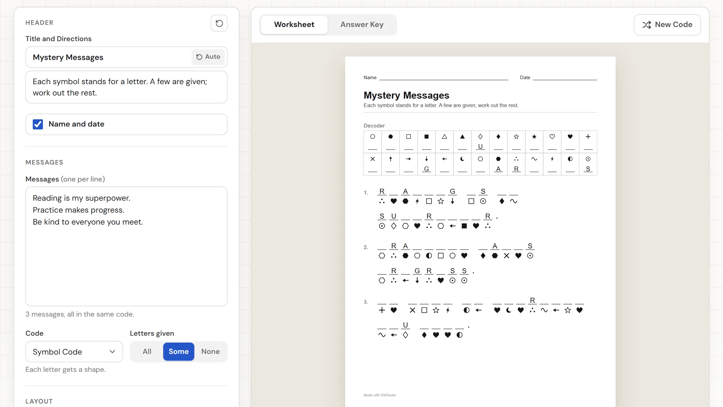The EMStudio cryptogram maker showing a finished secret code sheet with the Messages box and Code settings on the left and the Worksheet and Answer Key tabs above the decoder