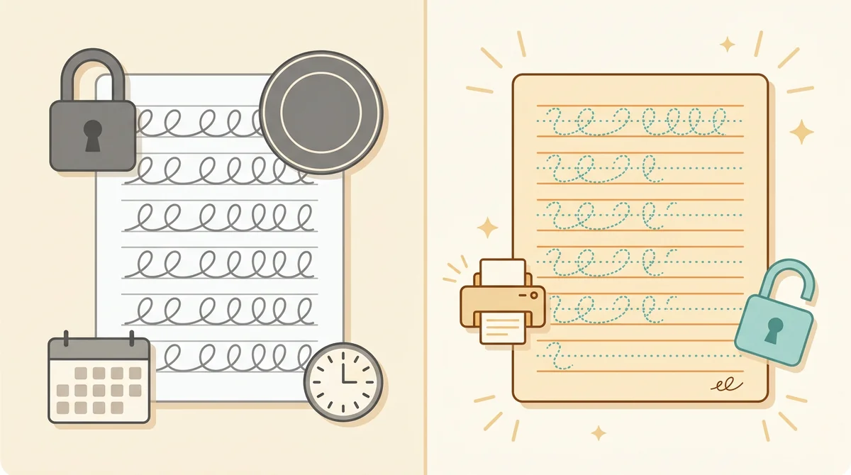 A printed cursive practice sheet, an unlocked padlock, and a crossed-out price tag