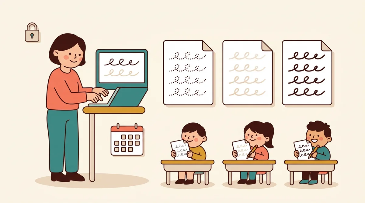 A teacher handing out printed cursive practice sheets to students seated at their desks
