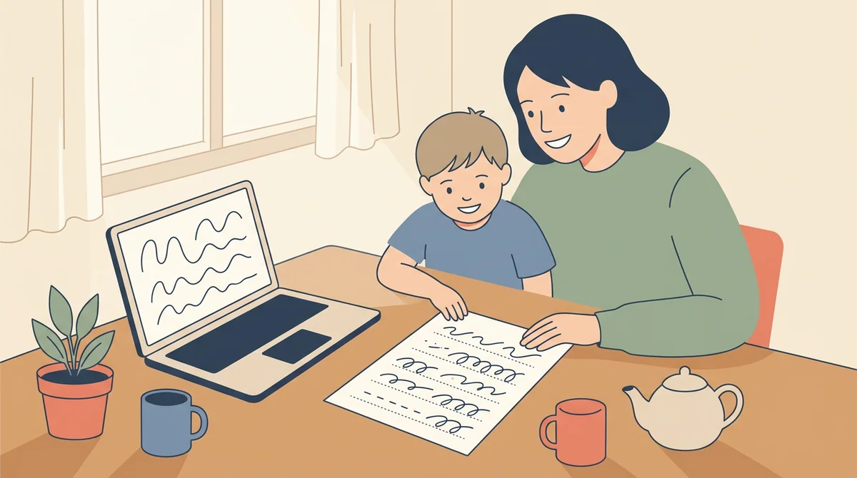 A parent and a child at a kitchen table with a laptop and a printed cursive sheet being traced with a pencil