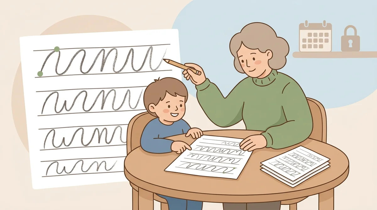 A support teacher at a small table helping a student trace cursive letters on a printed sheet