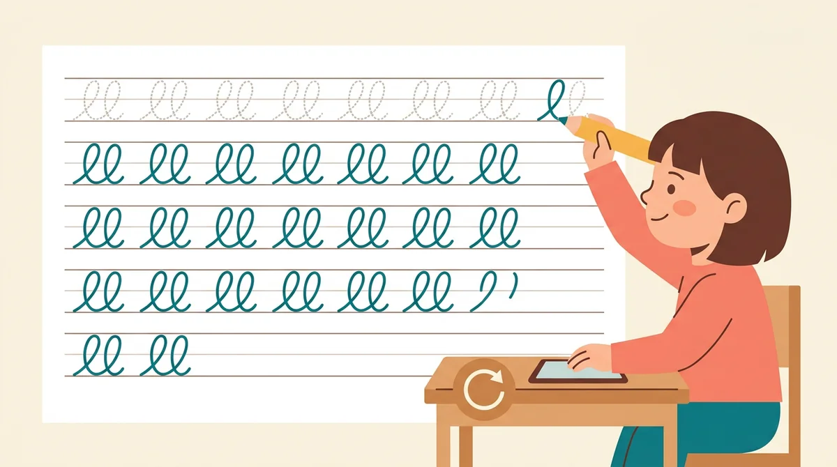 A teacher at a whiteboard showing a cursive letter to students who trace the same letter on printed sheets at their desks