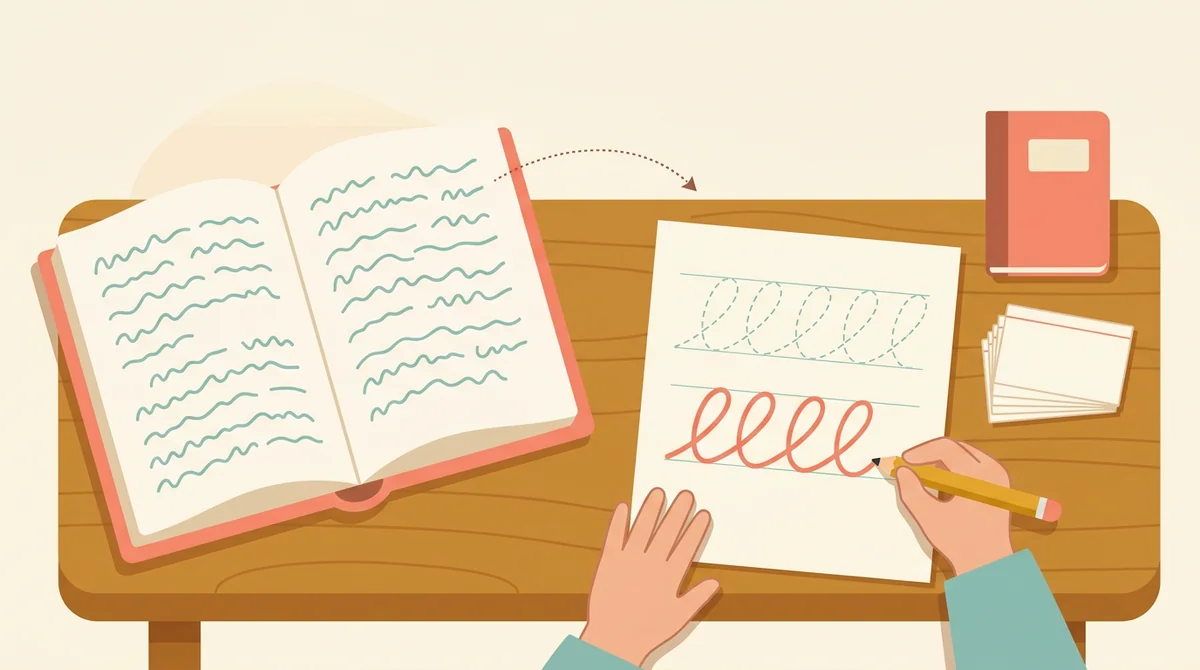A student at a desk tracing a sentence in cursive on a printed worksheet with a pencil, a reading book open beside it