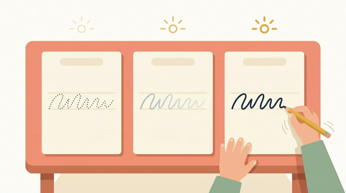 Three printed cursive sheets side by side, one with dotted letters, one with light gray letters, and one with dark letters to copy