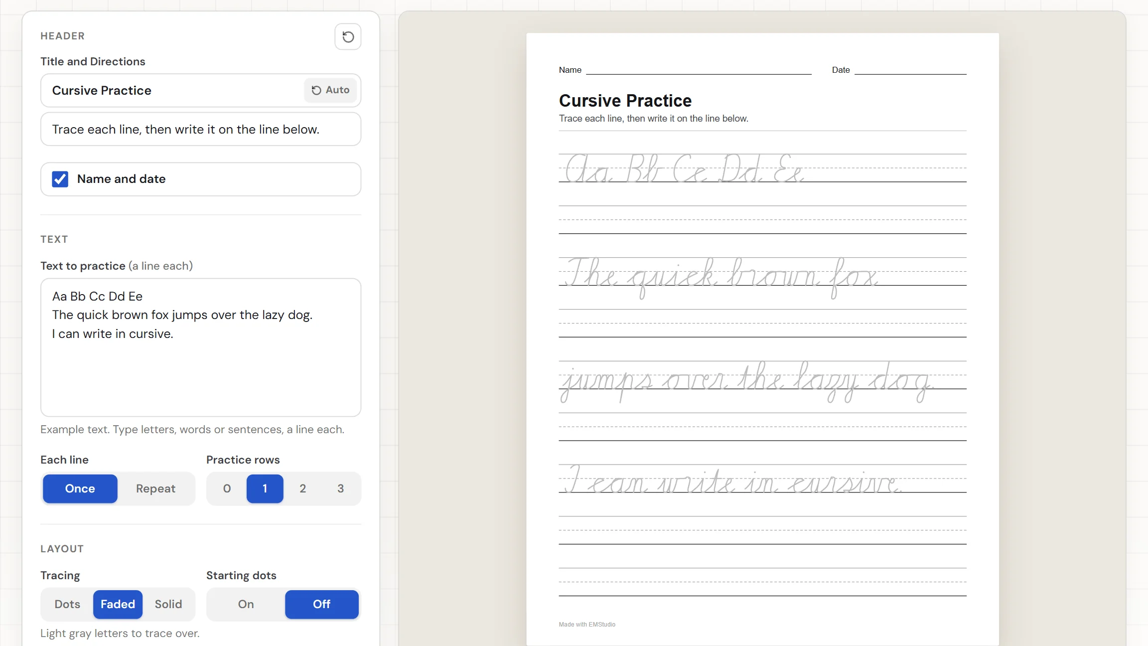 The EMStudio cursive worksheet generator showing a finished practice sheet, with the text box and tracing settings on the left and dotted cursive letters above empty writing lines on the page