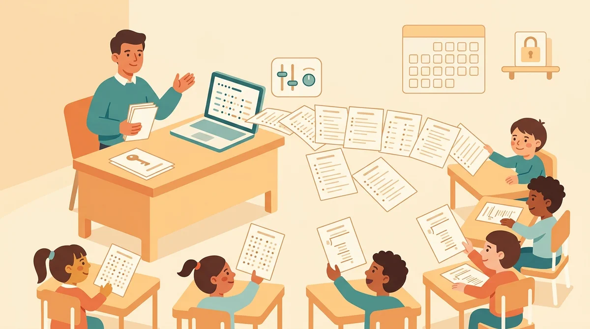 A teacher handing out printed division sheets to a row of students at their desks