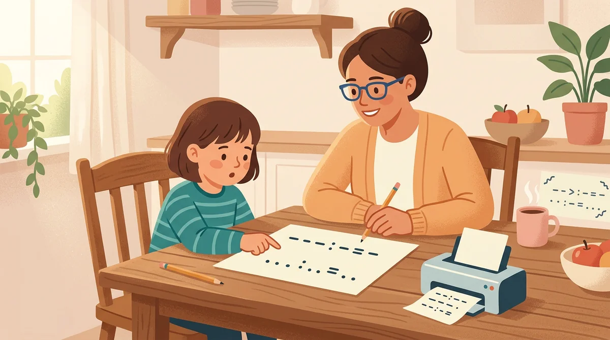 A parent and a child at a kitchen table with a laptop and a printed division sheet being solved with a pencil