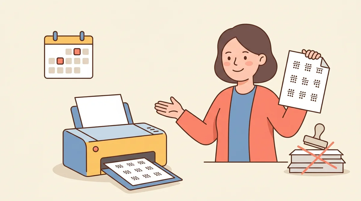 A teacher at a desk setting up a division facts sheet on a laptop with a stack of printed worksheets beside it
