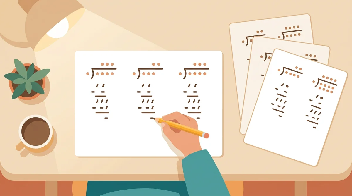 A student at a desk working through a long division problem on a printed sheet with a pencil