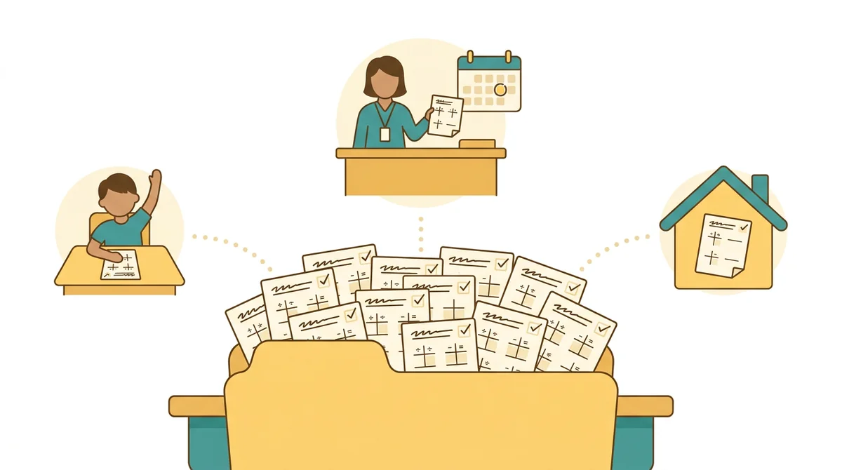 A substitute teacher's folder on a desk with printed division sheets and an answer key clipped to the top