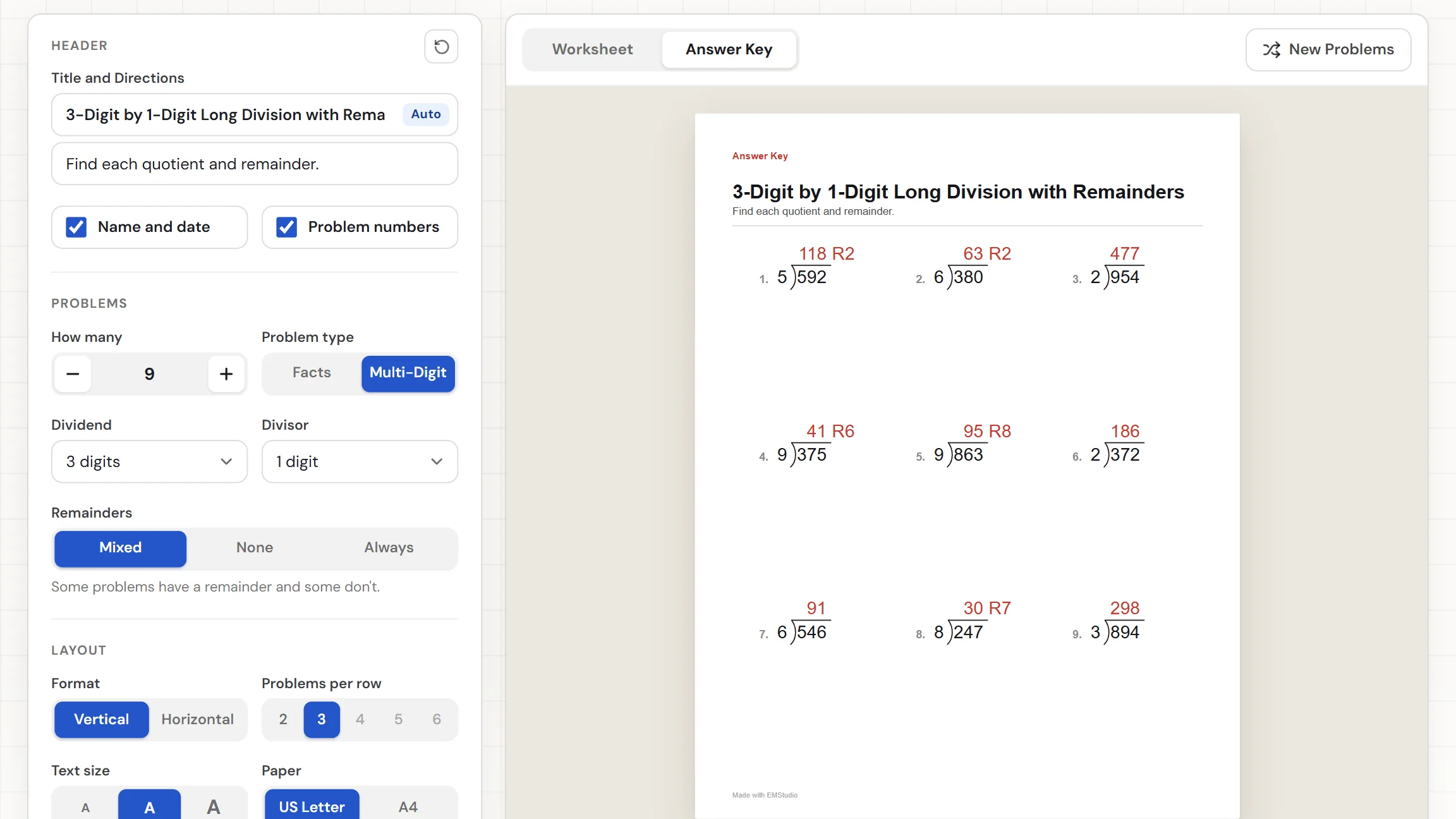 The EMStudio division worksheet generator showing a sheet of long division brackets with the problem type and remainder settings on the left and the Worksheet and Answer Key tabs above the paper