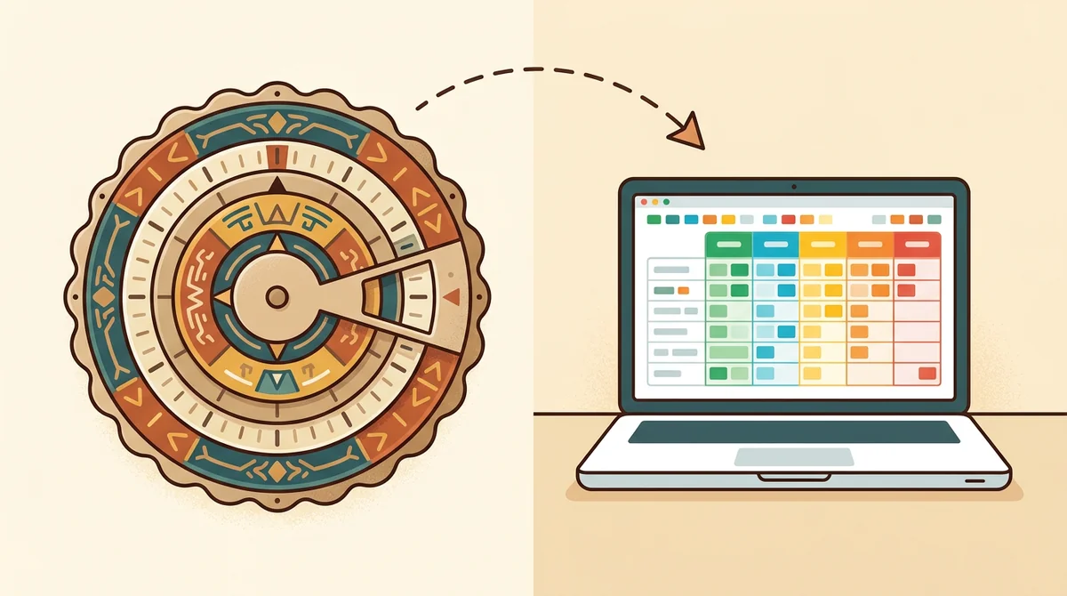 A cardboard slide grading wheel beside a modern browser window showing an online grading calculator