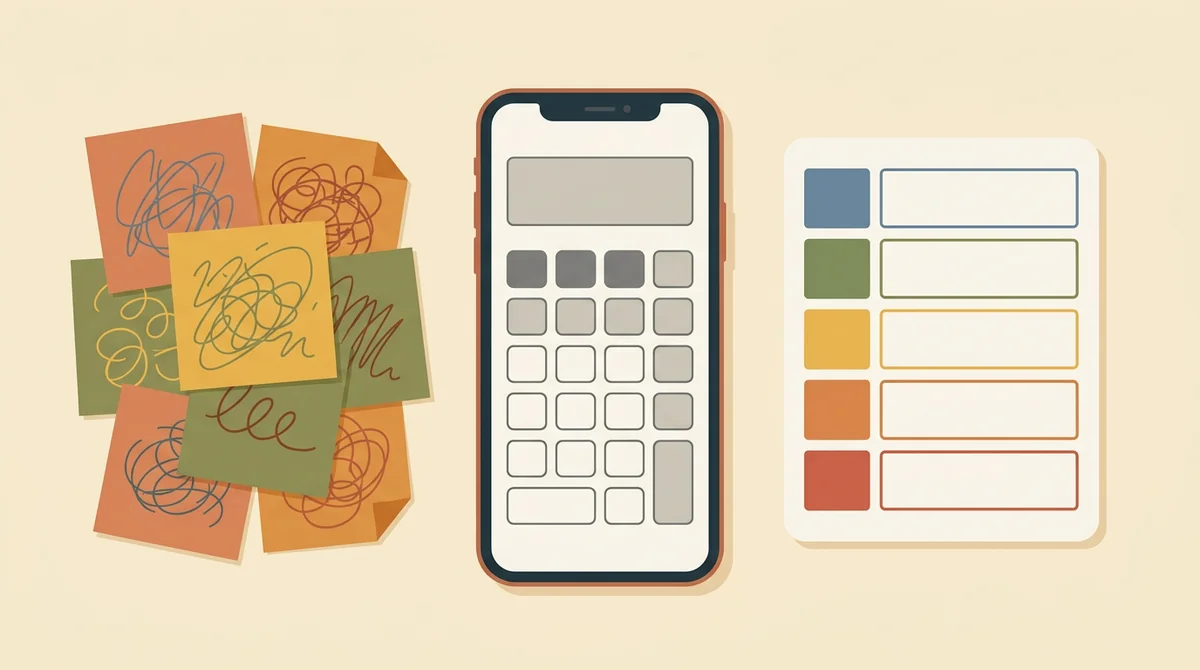 A phone calculator with scribbled percentages next to a clean color-coded grading chart